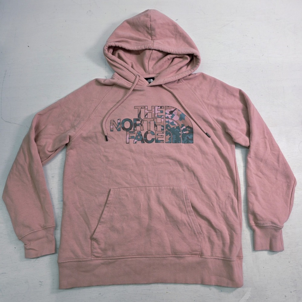 North Face Sweater Womens Sz M Pink Camo Logo Outdoor Sweatshirt Hoodie Casual